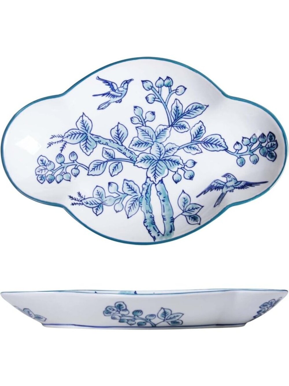Hand-Painted Oval Ceramic Dessert Plates 9.8" - Vintage Blue & White Serving